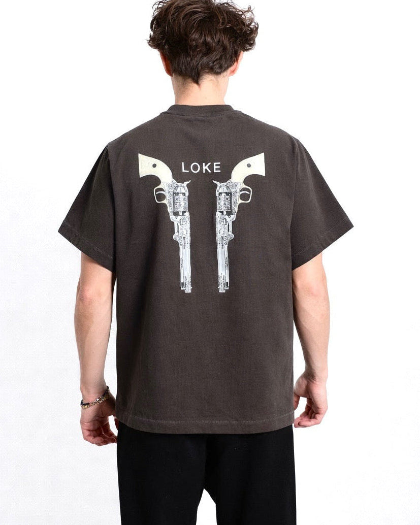 LOKE Pistols Tee washed charcoal back graphic boxy fit