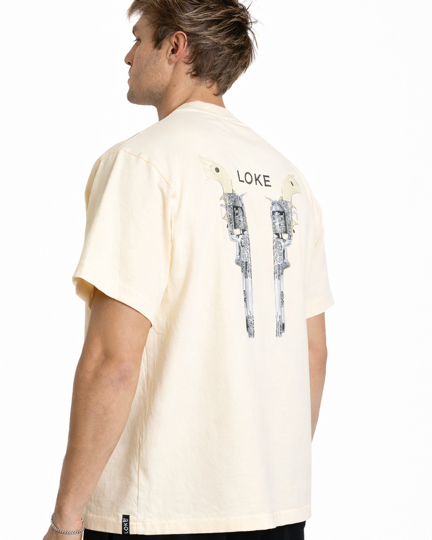 LOKE Pistols Tee Cream Back Graphic Angled View Boxy Fit