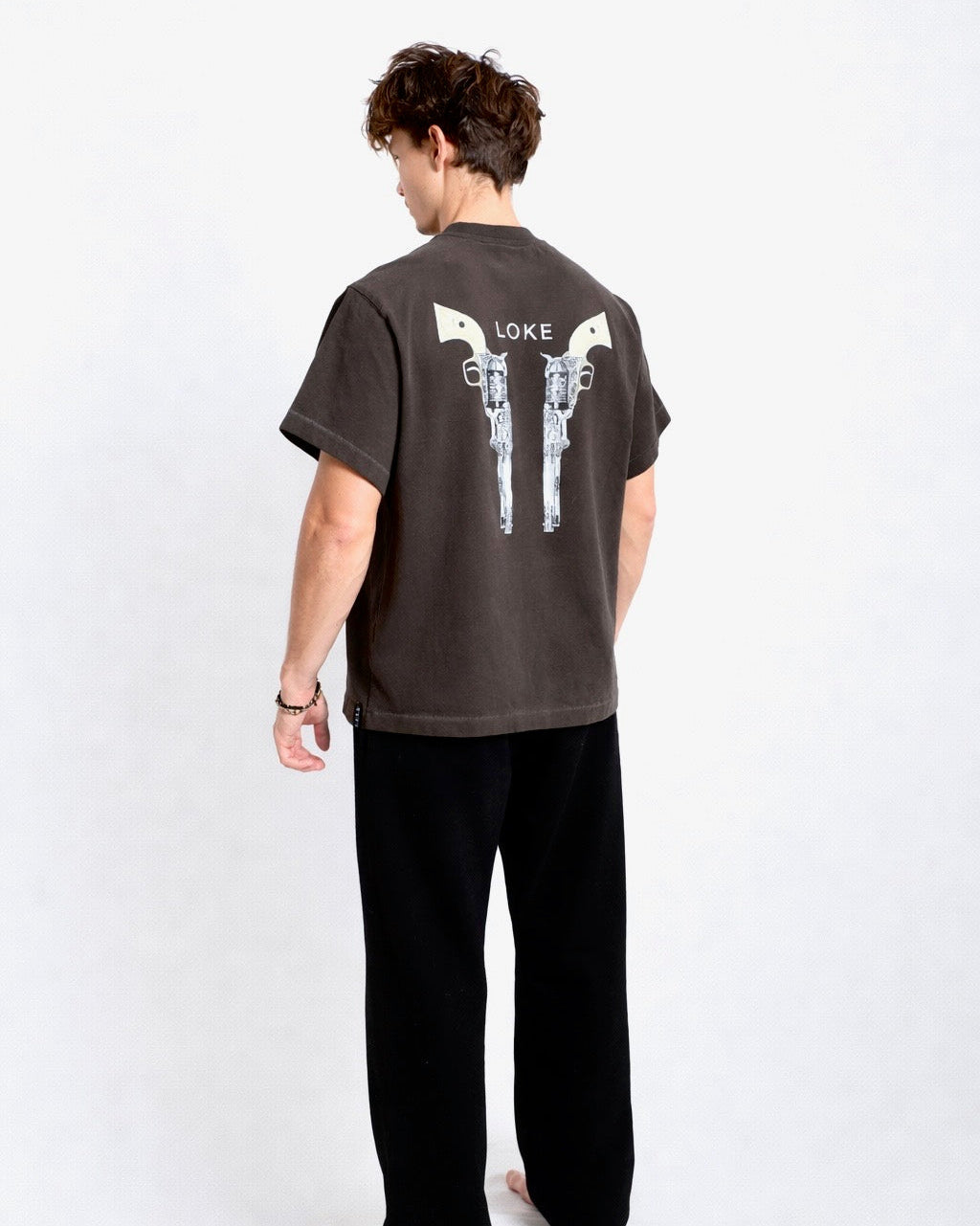 LOKE Pistols Tee Charcoal Back Graphic Angled View Boxy Fit