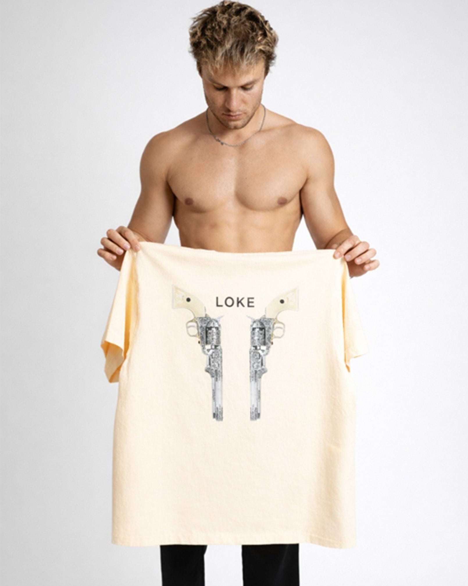 LOKE Pistols Tee Cream Front Graphic Detail